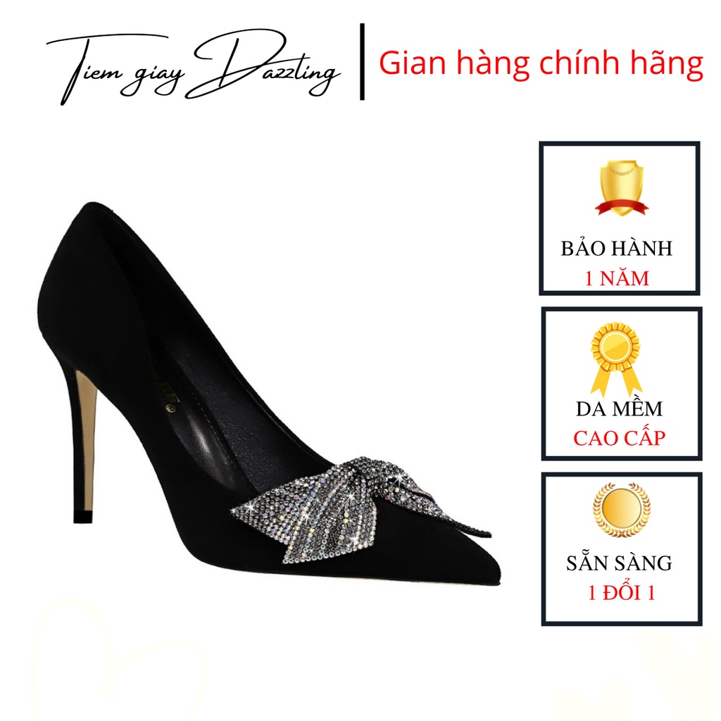 Giày cao gót mũi nhọn trên 8p Bigtree charm nơ đá thời trang công sở đẹp - tiemgiaydazzling DA713