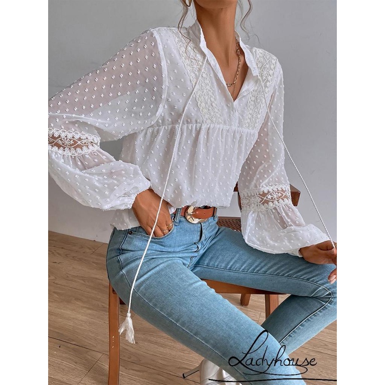 Áo Sơ Mi Chiffon Tay Dài Dáng Rộng Họa Tiết Chấm Bi Thời Trang Đường Phố Cho Nữ