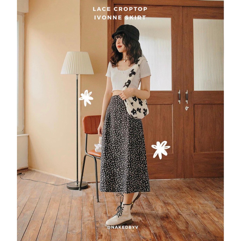 SET ÁO CROPTOP TRẮNG VIỀN REN + CHÂN VÁY MIDI HOA CÚC