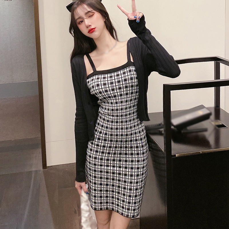 Áo khoác cardigan/ Đầm ôm 2 dây dệt kim hở lưng gợi cảm cho nữ