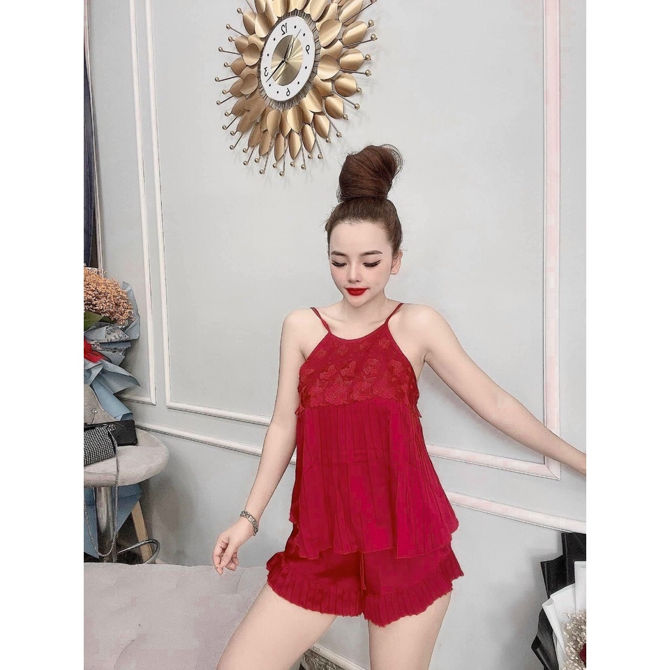 [ Lụa Cao Cấp ] Đồ ngủ sexy áo yếm 2 dây dập ly phối ren và quần đùi gợi cảm mặc nhà chất liệu lụa satin mềm mịn 013 | BigBuy360 - bigbuy360.vn