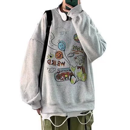 Áo sweater tay dài cổ tròn dáng rộng in họa tiết Graffiti phong cách Nhật Bản thời trang cho nam size M-5XL