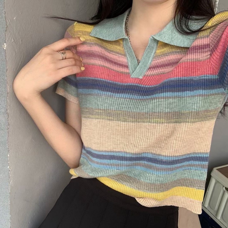 Áo dệt kim SUXI ngắn tay họa tiết kẻ sọc màu sắc tương phản phong cách vintage thời trang mùa hè cho nữ