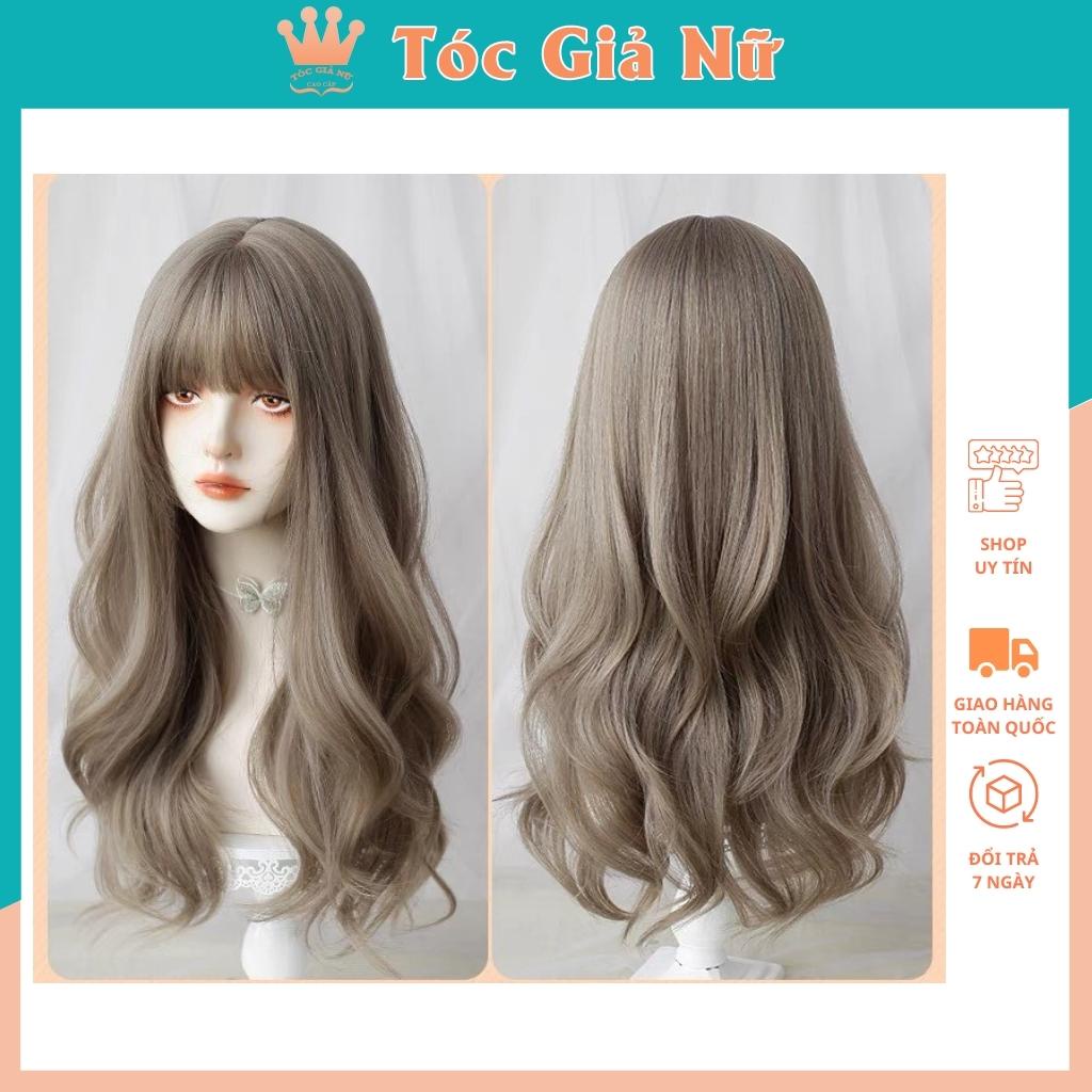 Tóc giả nữ nguyên đầu xoăn dợn dài kiểu hàn, tặng kèm lưới trùm tóc wig màu trà sữa, 2069
