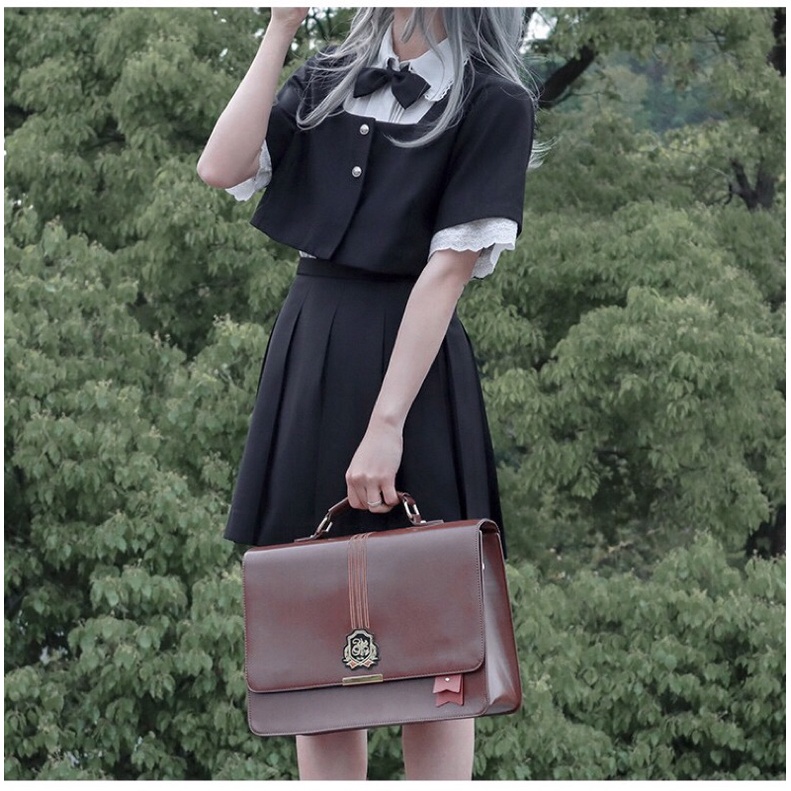 YAS0050-Set Jk nhật Maria sơ mi viền ren áo vest ngắn