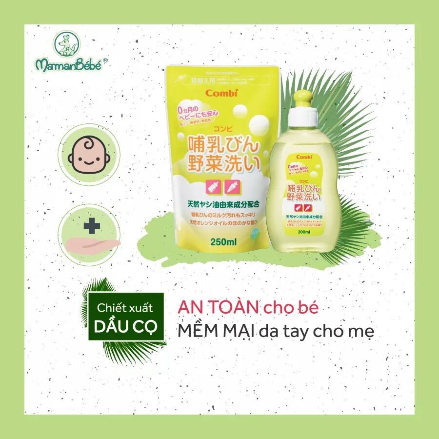 (MamanBébé chính hãng) Chai dung dịch rửa bình sữa và rau quả chiết xuất từ dầu cọ combi dung tích 300ml