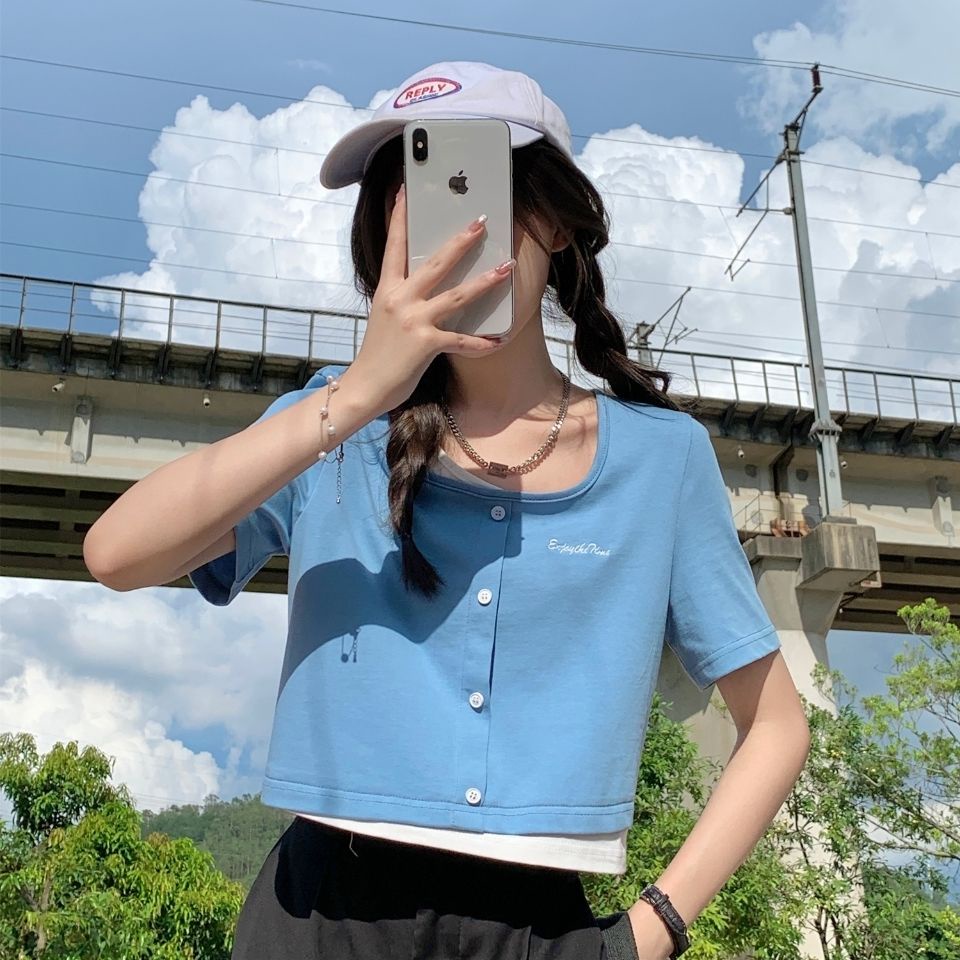 Áo Thun Ngắn Tay Giả Hai Lớp Cổ Vuông Phong Cách Hàn Quốc Mới Cho Nữ