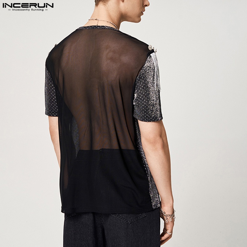 Áo thun Incerun đen ngắn tay phối tua rua sau lưng thời trang cho nam
