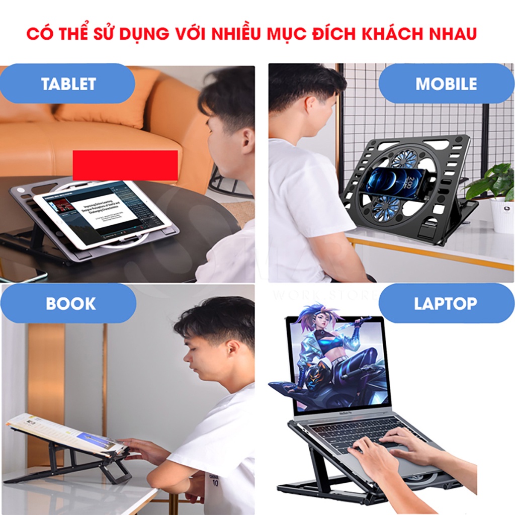 Đế Tản Nhiệt, Giá Đỡ Laptop Tản Nhiệt Macbook, Ipad 4 In 1 Tùy Chỉnh Độ Cao 6 Cấp Độ - Chế Độ Quạt Kép Chống Ồn