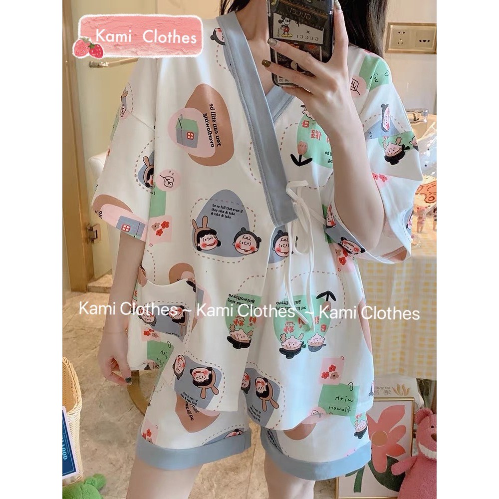 Bộ yukata ngắn tay buộc dây hình cặp đôi dễ thương, bộ Pijama nữ dây eo cộc tay icon - KAMI Clothes | BigBuy360 - bigbuy360.vn