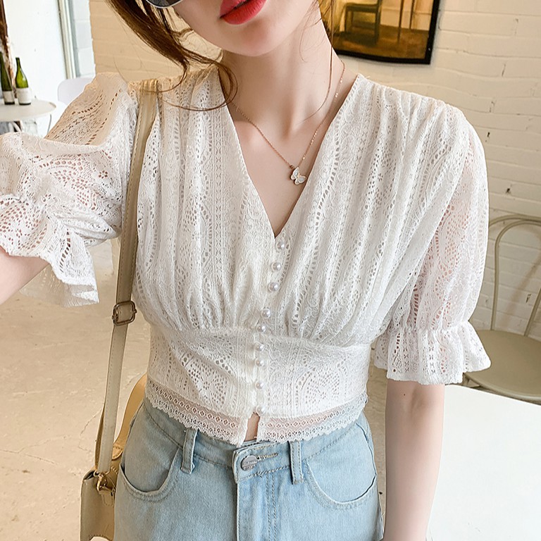 Áo Ren Lửng Cổ Chữ V Kiểu Retro Thời Trang Mùa Hè 43616