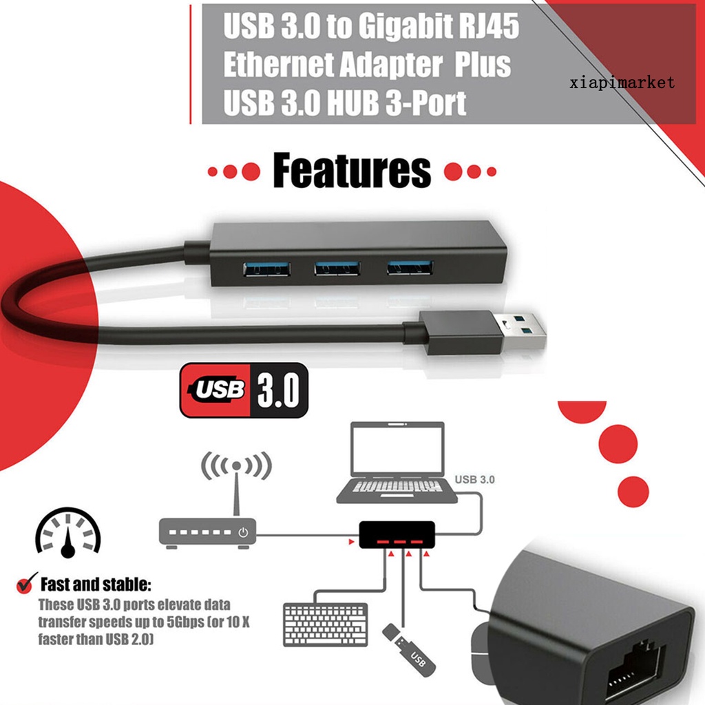 LOP_USB 3.0 Gigabit Ethernet Lan RJ45 1000Mbps Network Adapter 3 Ports Hub for Mac PC Switch