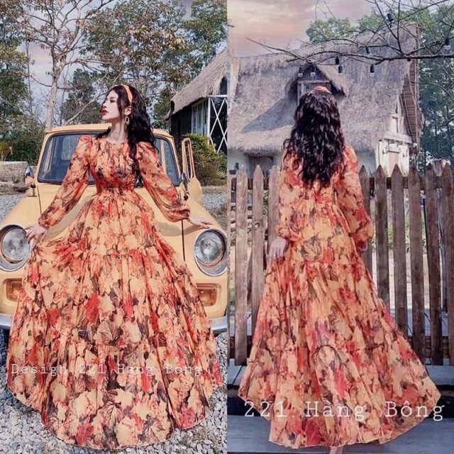 Đầm Maxi Hoa Xòe (SIZE S-M-L) tay dài bo phồng ngực nhúng HÀNG THIẾT KẾ | BigBuy360 - bigbuy360.vn