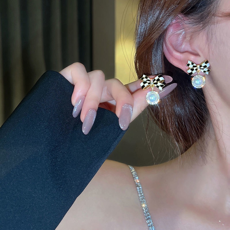 Bông Tai Mạ Bạc 925 Hình Nơ Đính Ngọc Trai Dễ Phối Đồ Thời Trang