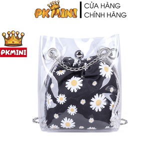 [FREESHIP] Túi xách nữ Harajuku trong suốt hoa cúc màu đen - Túi rút mini hoa cúc