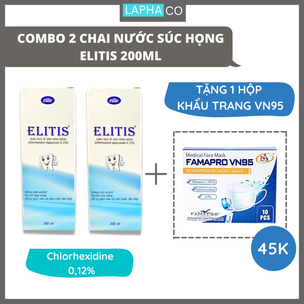 Combo 2 chai Nước súc miệng họng Elitis Chlorhexidine 0,12% dung tích 200ml