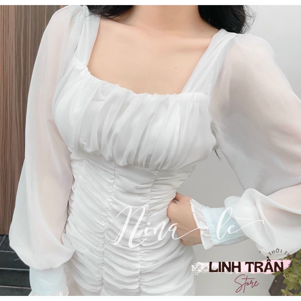 Đầm Trắng Voan Nhún Thân Chân Bèo 2 Lớp 🦋FREESHIP🦋 Váy Body Trắng Tay Dài Nhúng Thân Linh Trần Store