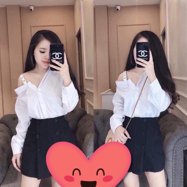 Com bo sơ mi lệch vao màu trắng và đen
