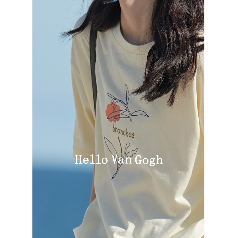 Hello Van Gogh Áo Thun Cotton Họa Tiết Vẽ Tay Đơn Giản Chất Lượng