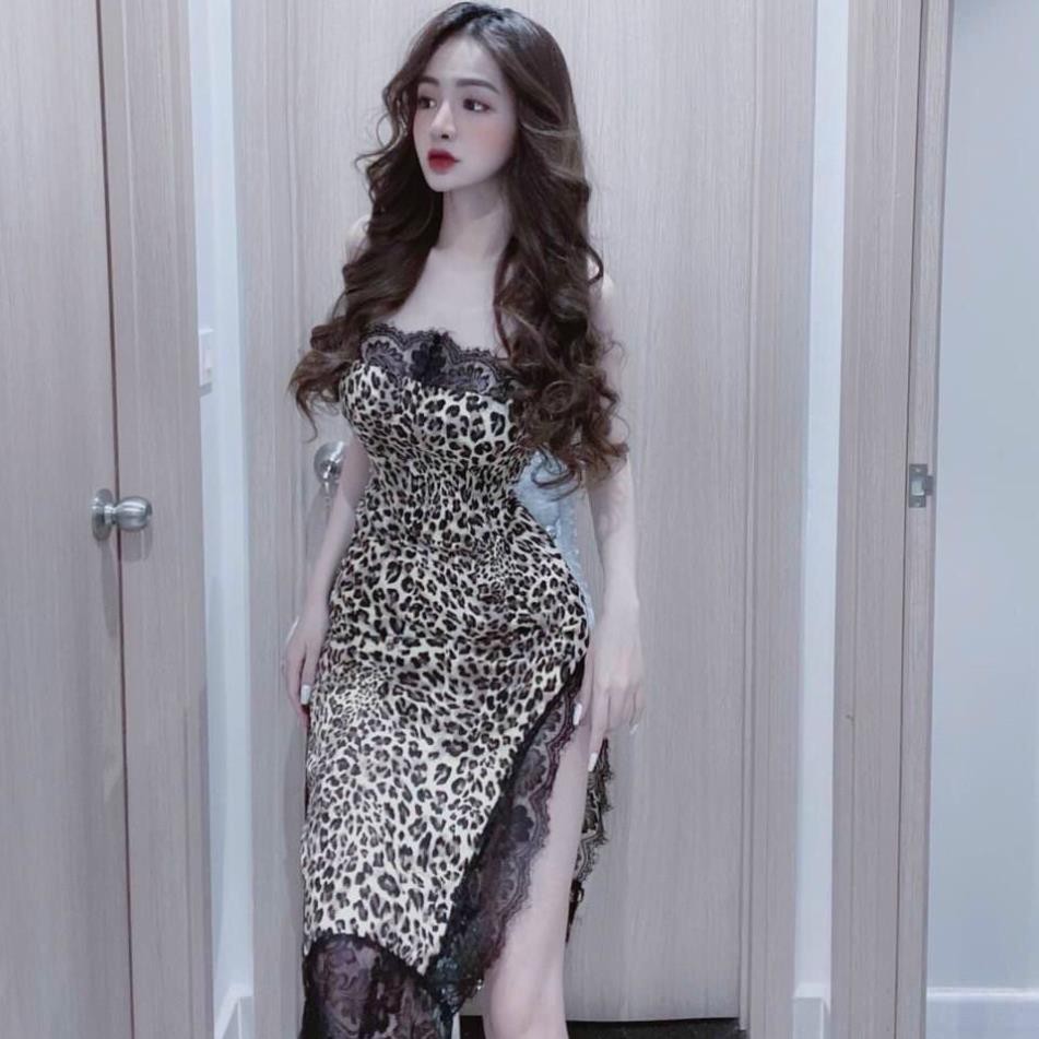 Váy đầm nữ body hai dây xẻ tà họa tiết da beo phối ren