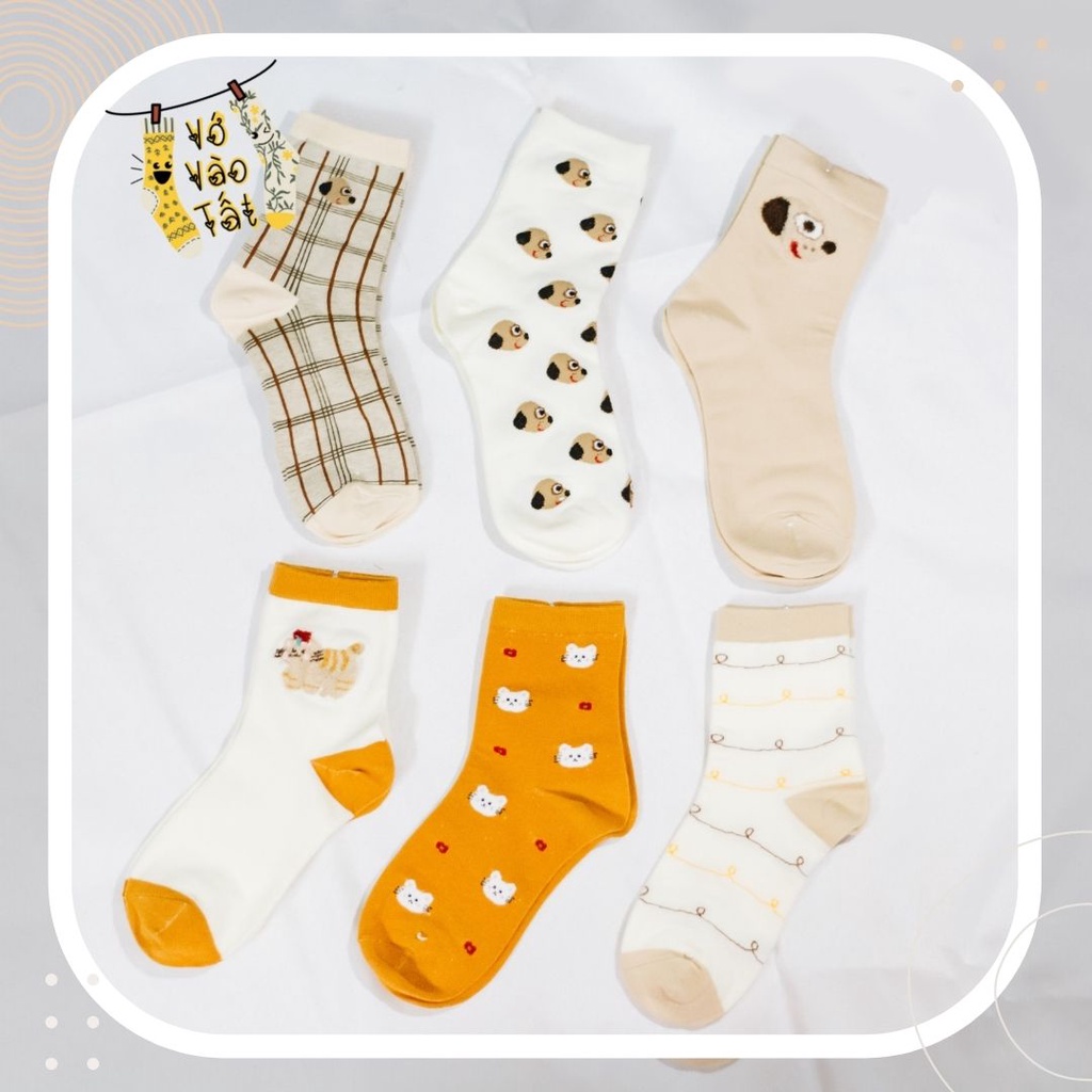 TẤT VỚ NỮ CỔ CAO CÚN NÂU VÀ MÈO CAM