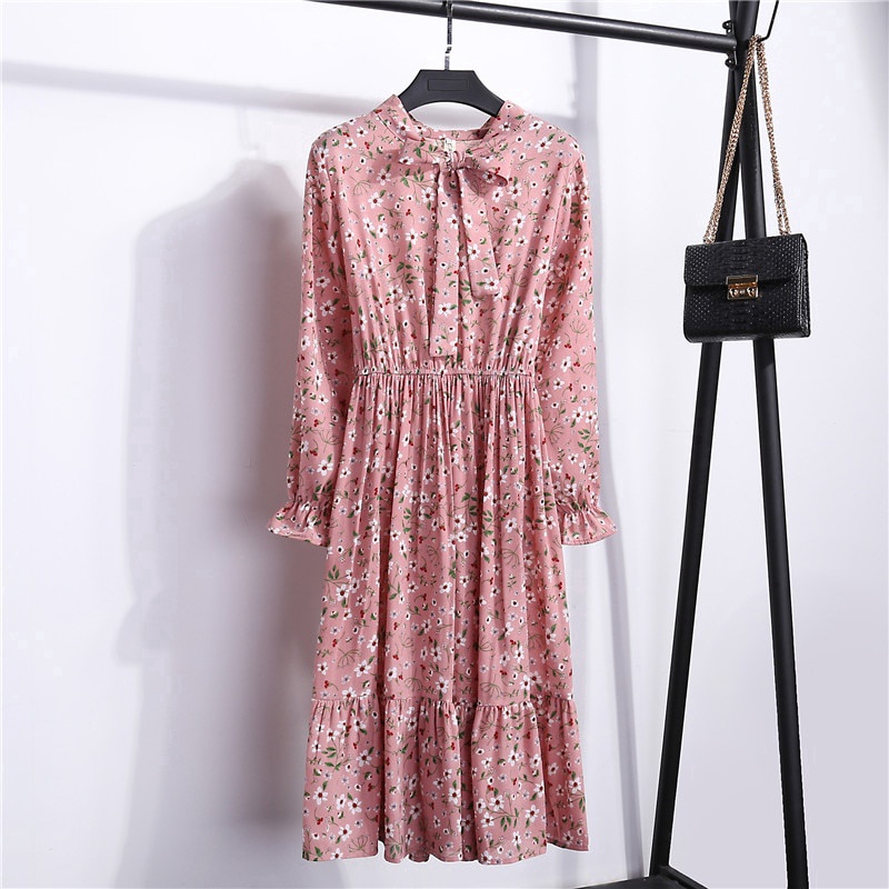 📣Tuyệt vời❤Đầm Chiffon Tay Dài In Hoa Phối Nơ Phong Cách Hàn Quốc Thời Trang Hàng Mới Dành Cho Bạn Gái