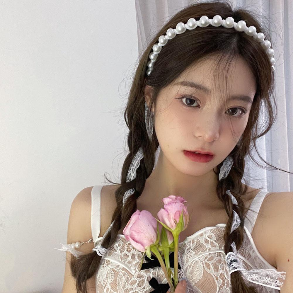 Băng Đô Vải Ren Màu Trắng Đen Xám Kiểu Dáng Ngọt Ngào Cho Nữ