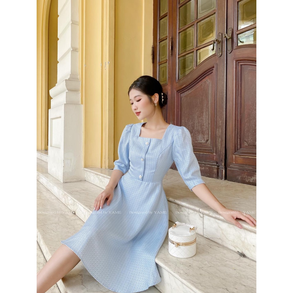 Váy dạ cổ vuông tay bồng YV42 Lilia Xanh Lacotes Dress