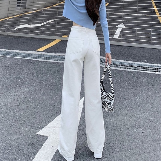 Quần jean dài nữ ống rộng, lưng cao đai chỉnh eo phong cách Ulzzang School có Bigsize màu Trắng Đen