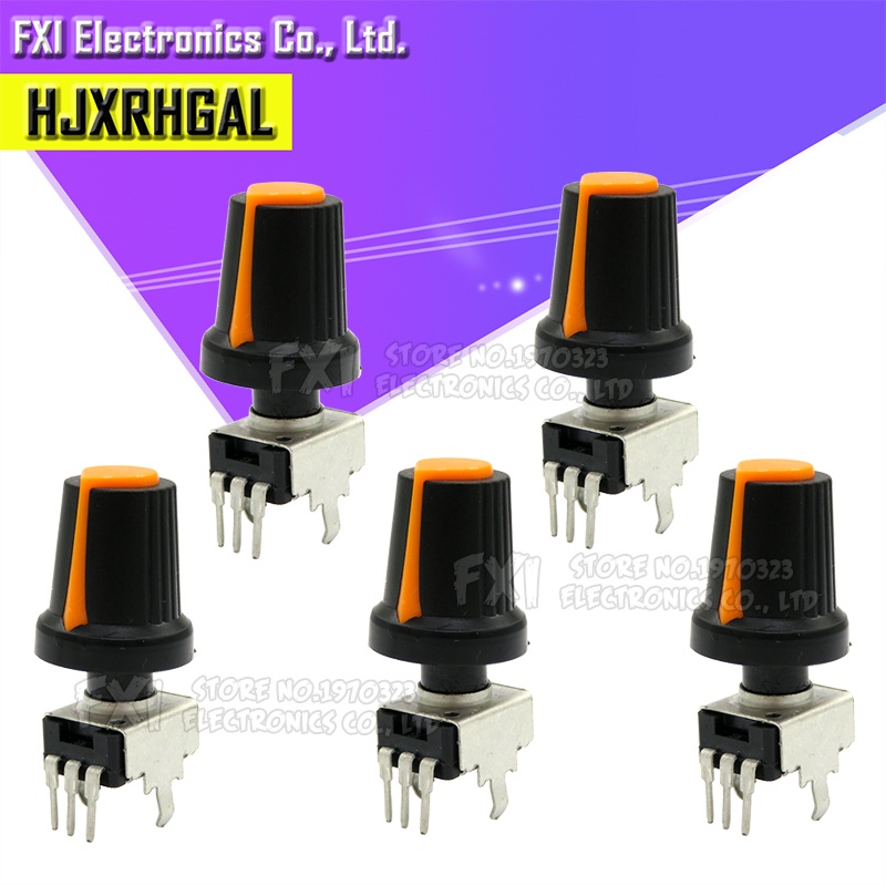 Set 5 Chiết Áp RV09 1K ~ 500K Ohm 3pin Kèm 5 Nút Vặn Màu Cam