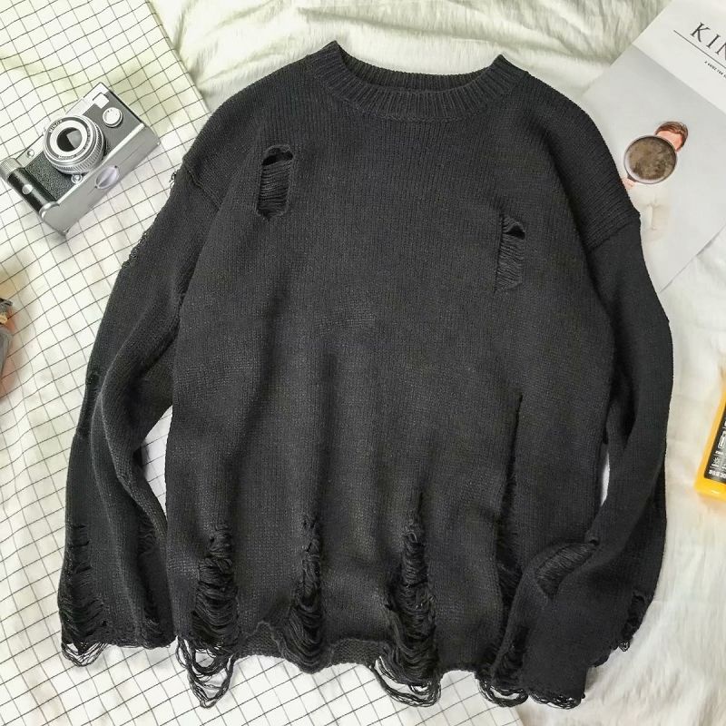 Áo sweater cổ tròn dáng rộng thiết kế rách thời trang thu đông cho nam và nữ