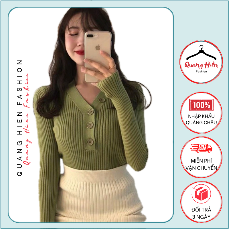 Áo len Quảng Châu gân cổ tim đính khuy to freesize MS160