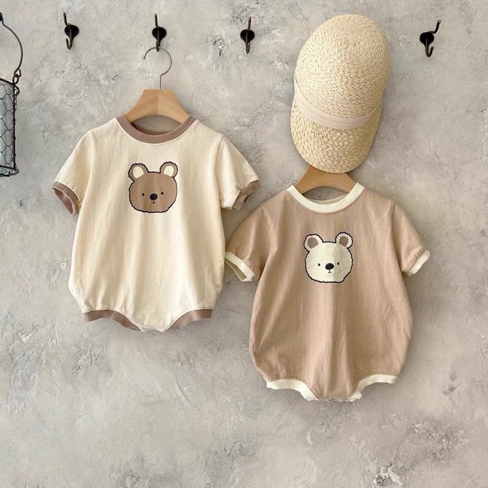 Bộ Áo Liền Quần Cotton Tay Ngắn In Hình Gấu Dễ Thương Cho Bé Sơ Sinh