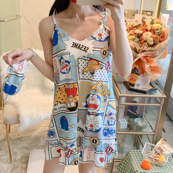 Váy đầm ngủ 2 dây DORAEMON DOREMON tặng kèm bịt mắt ngủ dễ thương cute | BigBuy360 - bigbuy360.vn