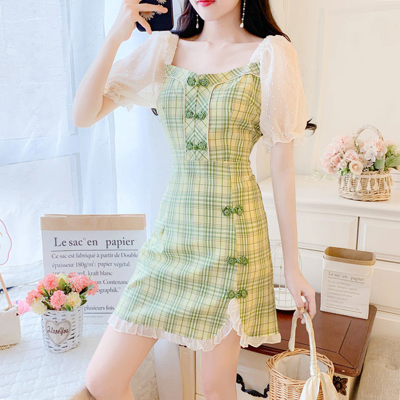 Women Cheongsam Chiffon Stitching Plaid Sweet Small dress | BigBuy360 - bigbuy360.vn