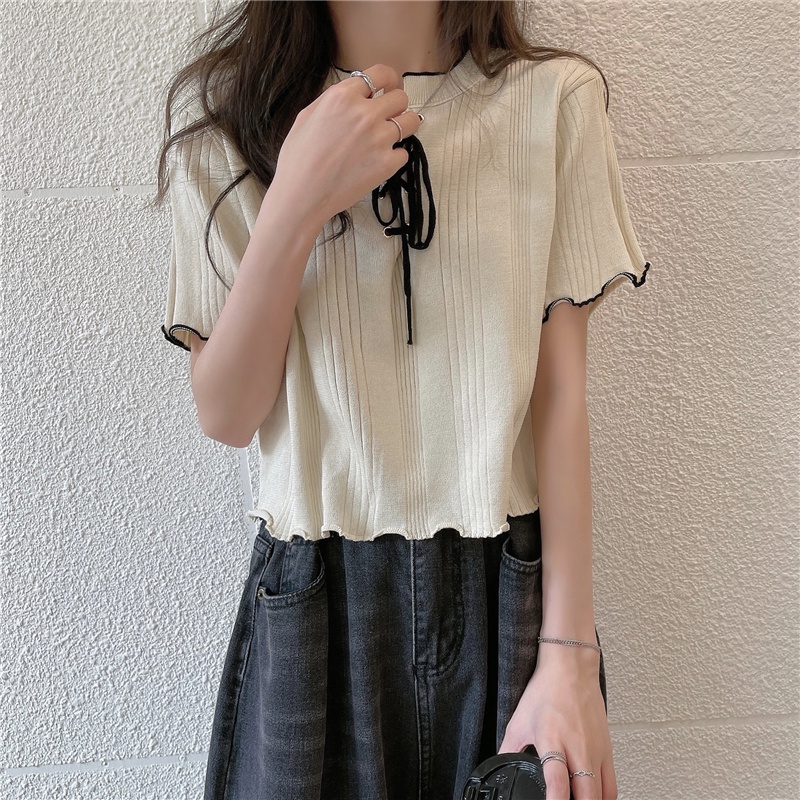 Áo Thun Dệt Kim Ngắn Tay Phối Dây Thắt Thời Trang Cá Tính
