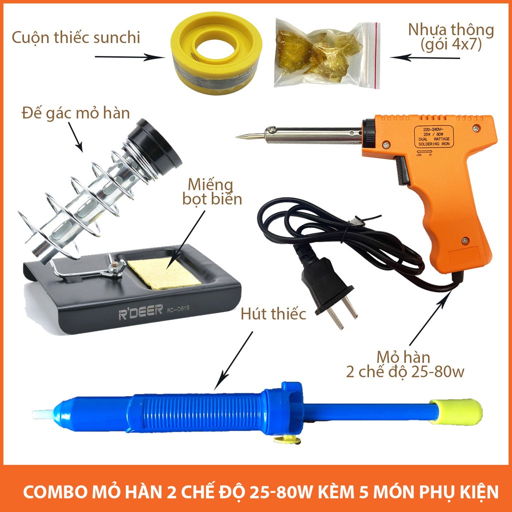 Combo Mỏ Hàn Thiếc 2 Chế Độ 25-80W và 5 Món Phụ Kiện (  Đế gác mỏ hàn, Bọt Biển, Thiếc Sunchi, Nhựa Thông, Hút Thiếc)