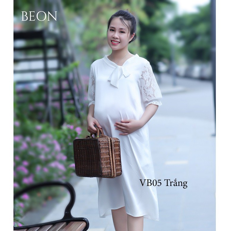 Đầm bầu lụa, đầm bầu công sở hai lớp phối tay ren sang trọng siêu mát, mặc dự tiệc đi làm