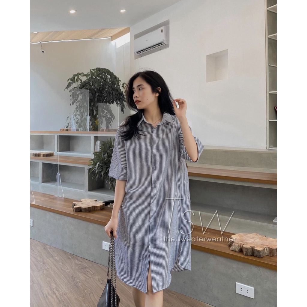 Váy sơ mi kẻ sọc dáng suông form rộng - Đầm sơ mi cổ đức dáng dài