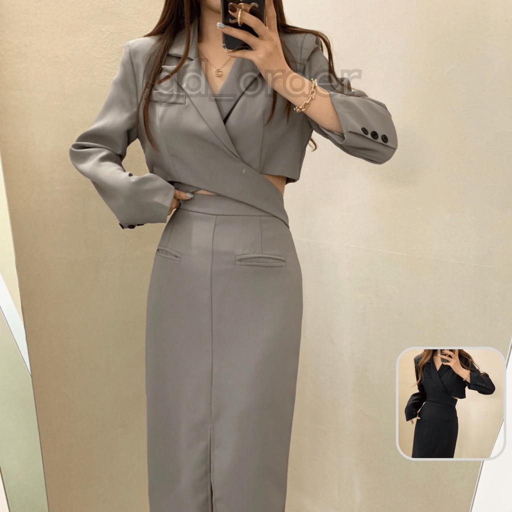 B63|Set bộ vest nữ áo croptop công sở hàn quốc kèm váy bút chì thanh lịch gd_order