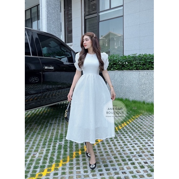 Váy đầm midi dự tiệc sang trọng xoè tay nhún bồng chất xốp thêu ô vuông màu trắng đen xanh V281 full size AĐ BOUTIQUE
