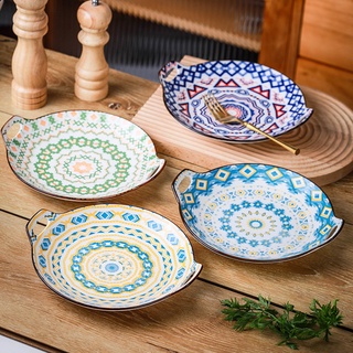 Đĩa sứ tròn , đĩa sứ có tay cầm 2 bên trang trí decor Holame