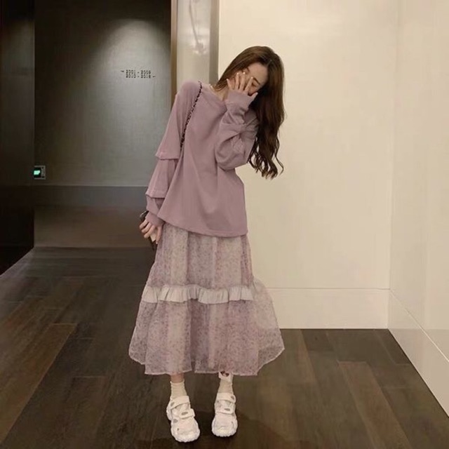 Set áo thu đông + chân váy xoè công chúa màu tím ( hàng order) ( có ảnh thật)