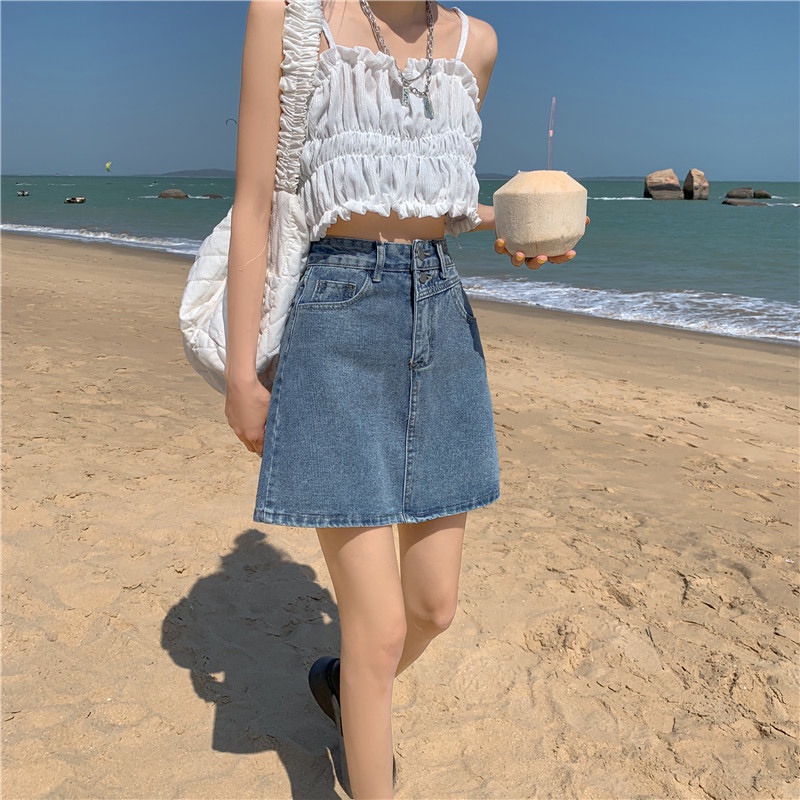 Chân váy jean Chữ A Lưng Cao Thời Trang Hàn Quốc