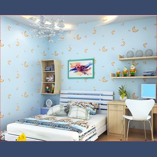 1 cuộn dài 5m ngang 53cm giấy dán tường trăng sao màu xanh dương, có keo sẵn, họa tiết nổi 3D
