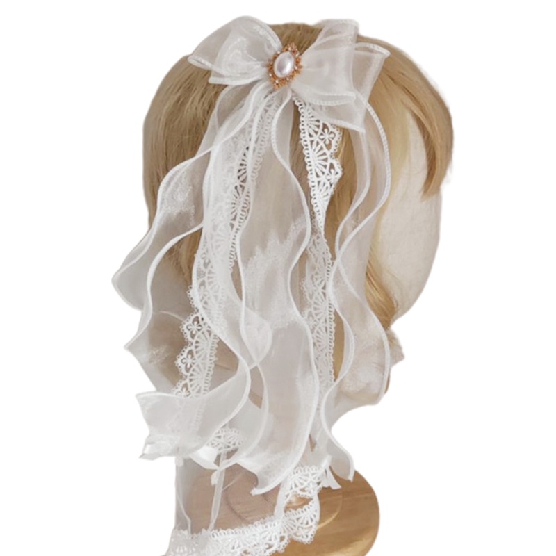 Kẹp Tóc Nơ Phối Ren Lưới Đính Ngọc Trai Phong Cách Lolita Dễ Thương Cho Nữ