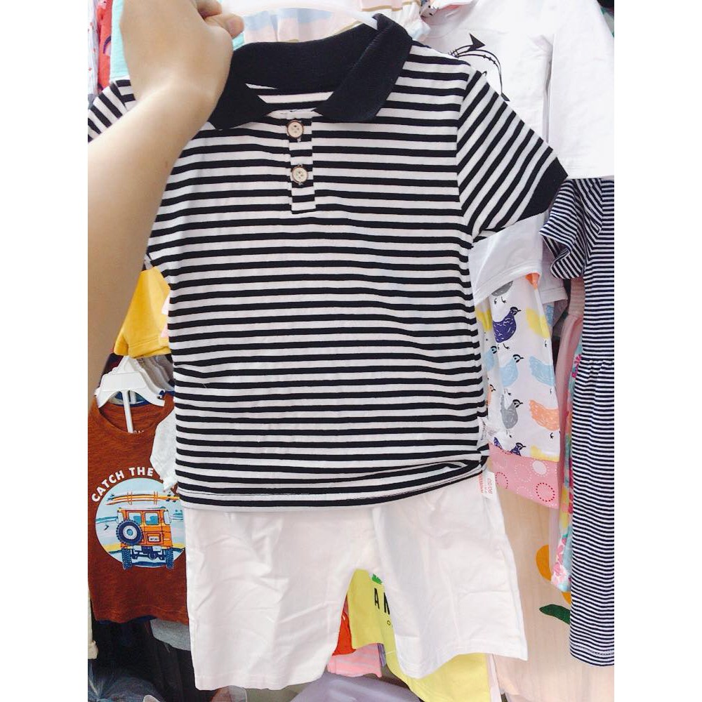Bộ cotton kẻ sọc trắng đen bé trai hàng Quảng châu loại 1/Set bộ cotton bé trai cổ lật quần thô mềm