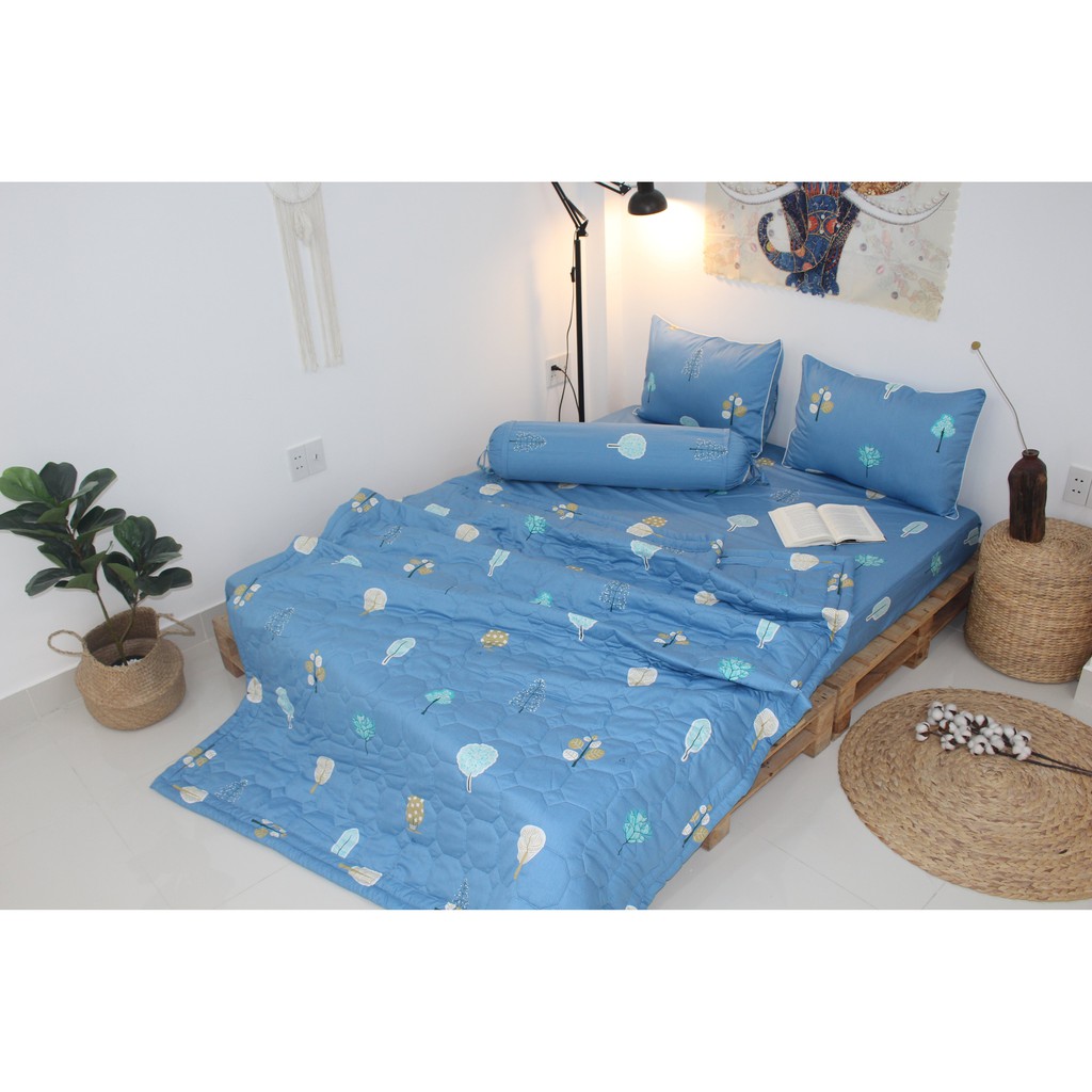 Bộ drap gối 4 món 100% cotton thiên nhiên Kha Ly- Cây xanh