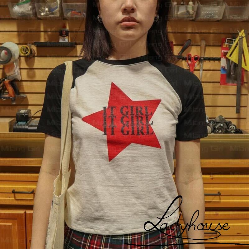 Áo Thun Crop Top Tay Ngắn Cổ Tròn In Chữ Và Ngôi Sao Màu Tương Phản Thời Trang Mùa Hè Cho Nữ