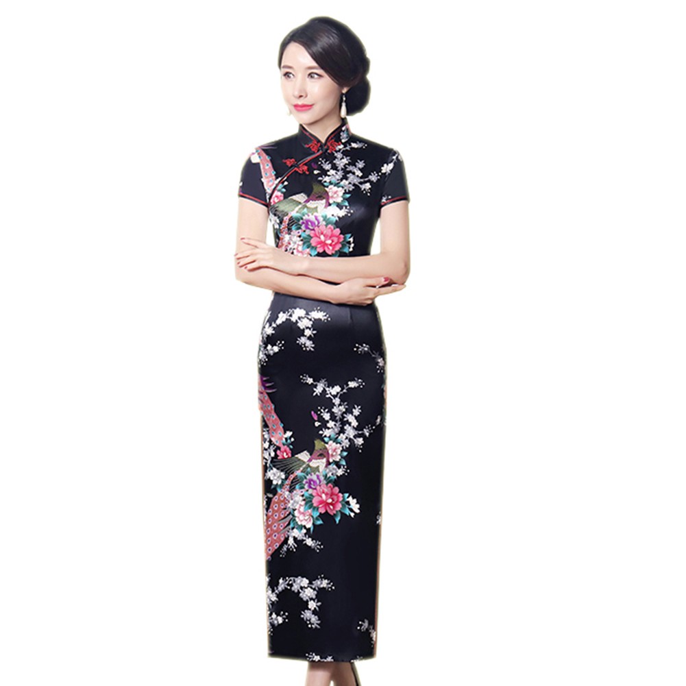 Peacock Print Women Chinese Long Cheongsam Bridesmaid Evening Dress | BigBuy360 - bigbuy360.vn